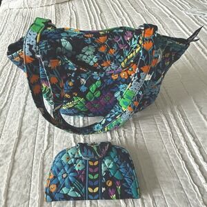 Vera Bradley Midnight Blues Purse Tote W/ Wallet Floral Granny Dark Romantic
